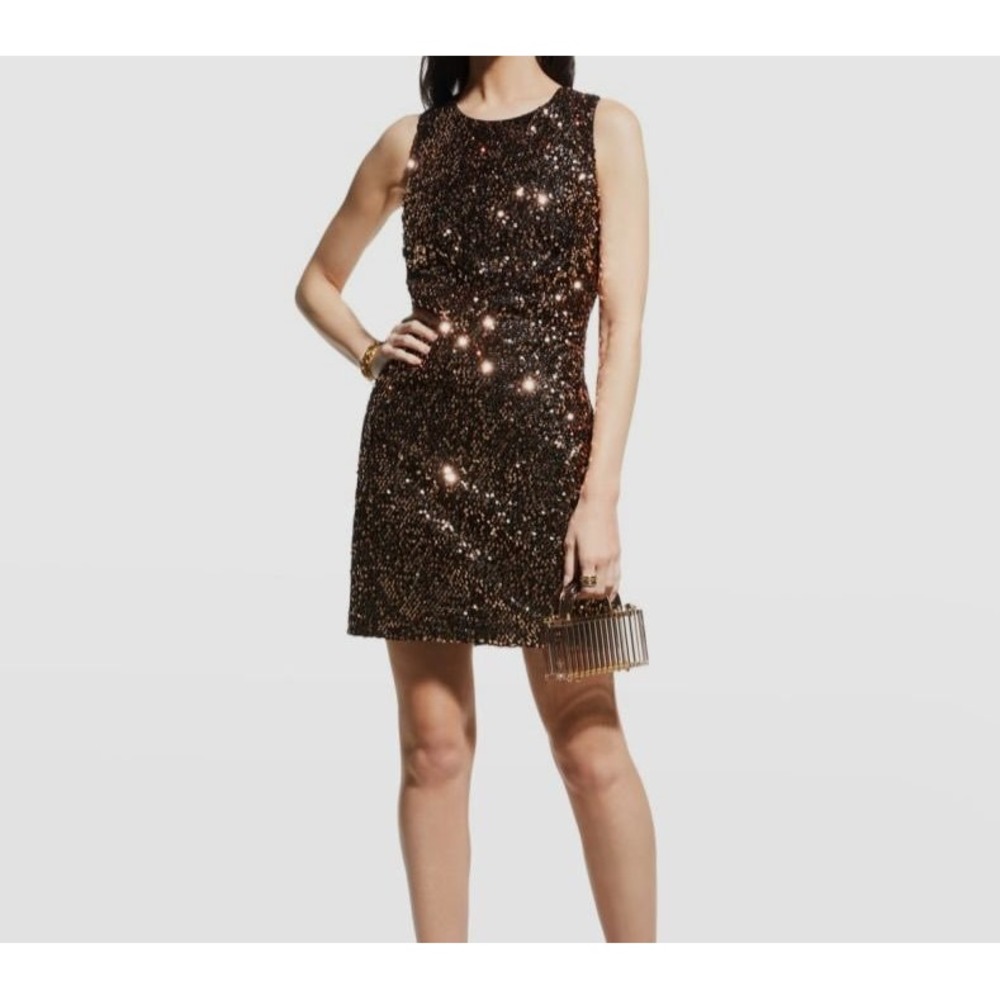 Milly Vivi Tinsel‎ Sequin Cross Back Mini Dress Rose Gold Black 4 Night Out